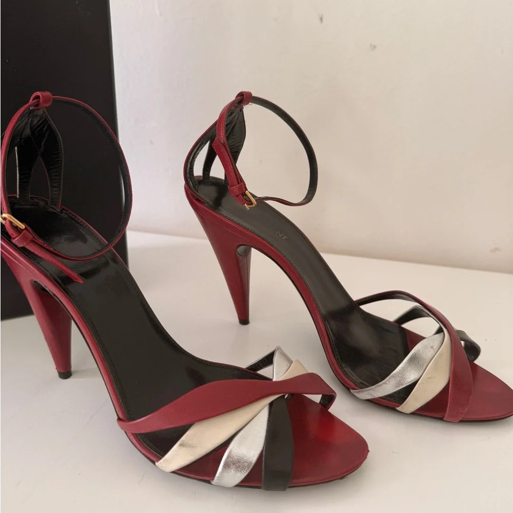 Saint Laurent Red and Silver Strappy Heels - Picture 2 of 3